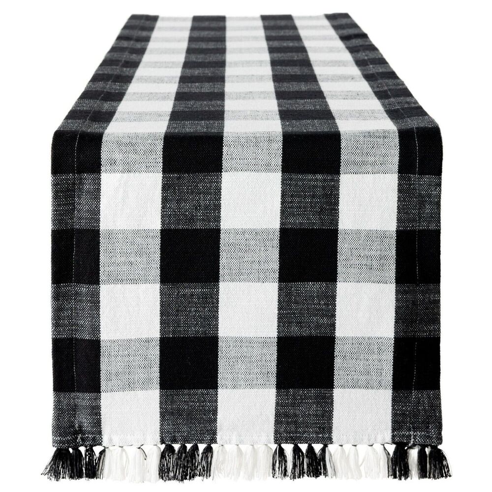 Buffalo Plaid Table Runner Cotton Black White Gray Fringe Kitchen 14 x 72-in NEW